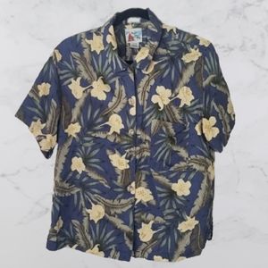 Vintage Womens Small Silk Beach Tropical Blue Yellow Floral Button Up Blouse